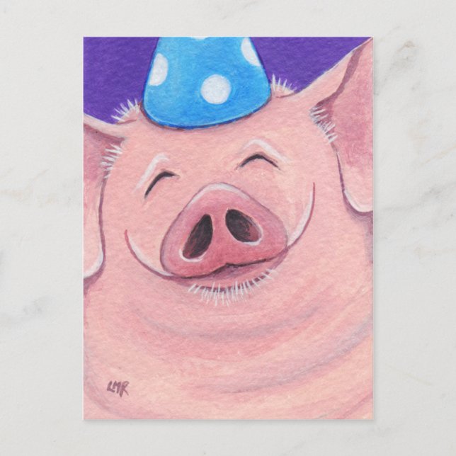 Happy Pig Wearing A Party Hat Illustration Postcard (Front)