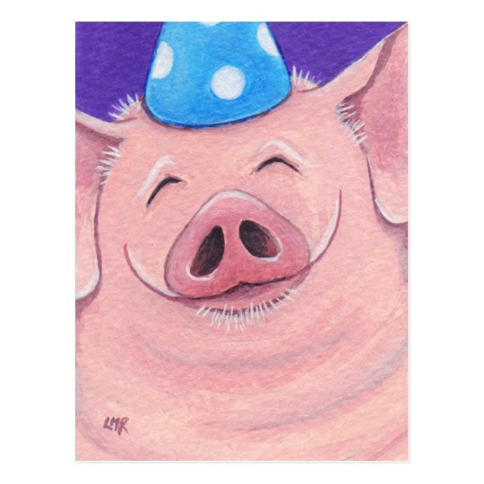 Happy Pig Wearing A Party Hat Illustration Postcard