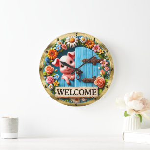 Happy Pig Welcome Floral  Large Clock