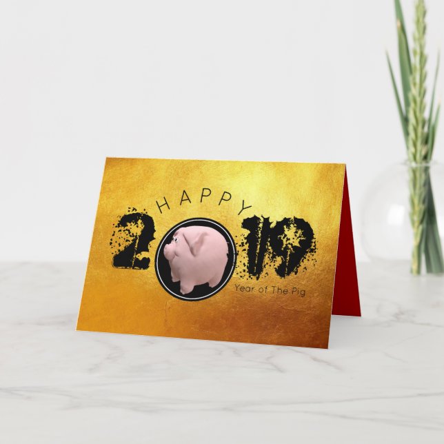 Happy PIg Year 2019 Original 3D golden Greeting C Holiday Card (Front)