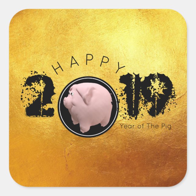 Happy PIg Year 2019 Original 3D golden square S Square Sticker (Front)