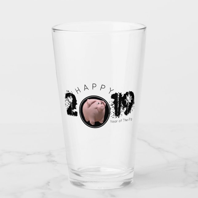 Happy PIg Year Large 2019 Original 3D Drinking G 2 Glass (Front)