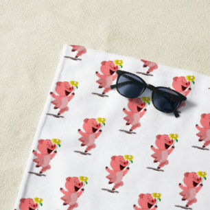 Happy Piglet with Daisy Flower Beach Towel