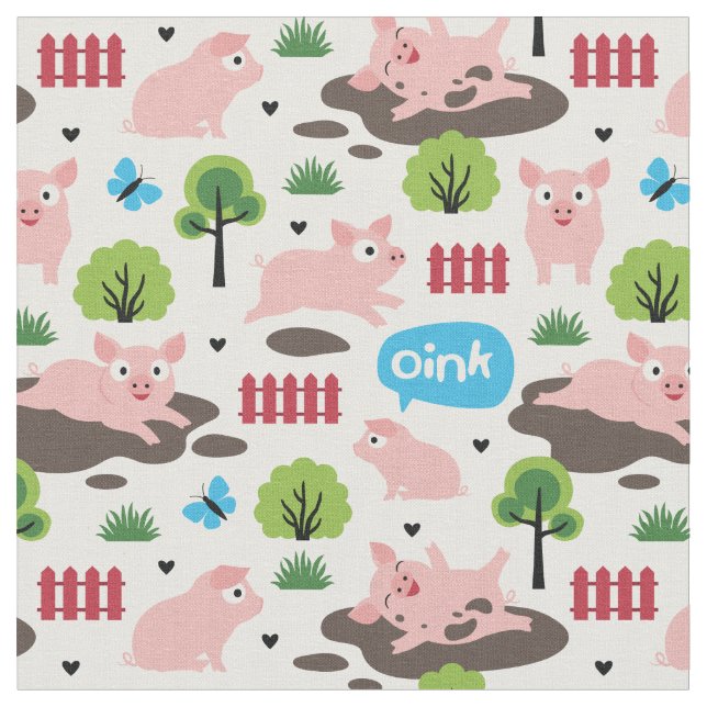 Happy Piglets In The Mud  Fabric (Close Up)