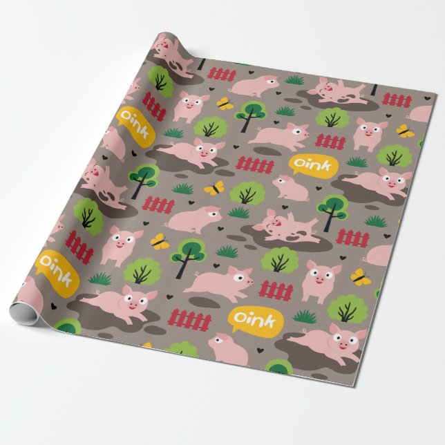 Happy Piglets In The Mud  Wrapping Paper (Unrolled)