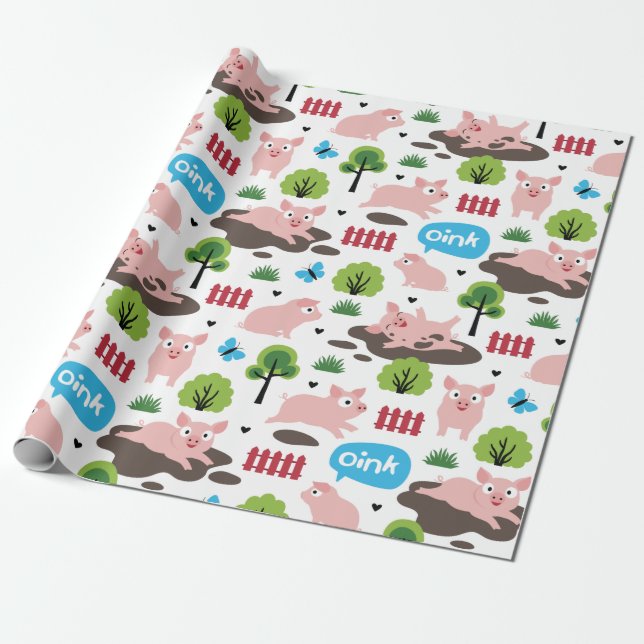 Happy Piglets In The Mud  Wrapping Paper (Unrolled)