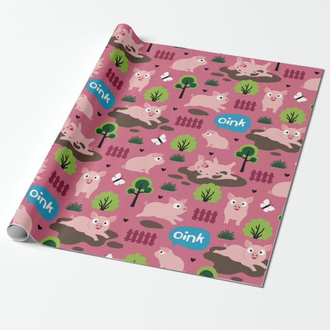 Happy Piglets In The Mud  Wrapping Paper (Unrolled)