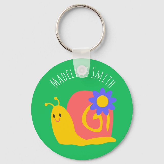 Happy pink and green snail key ring (Front)