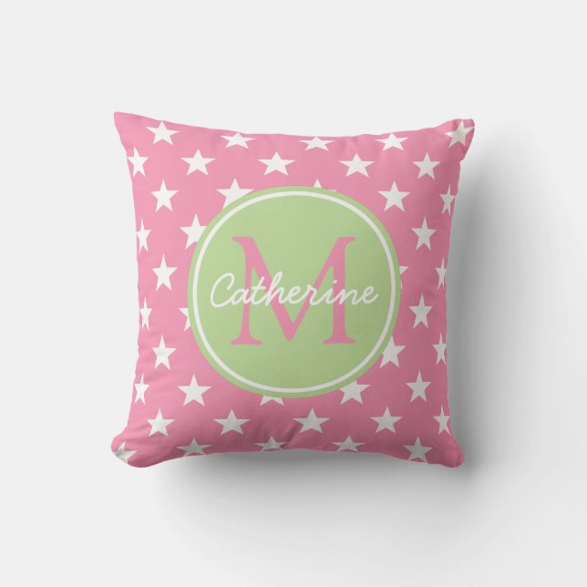Happy Pink and Mint Green Stars Monogram Cushion (Front)