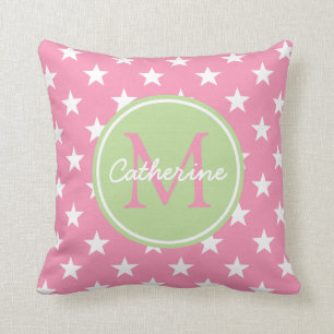Happy Pink and Mint Green Stars Monogram Cushion