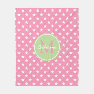 Happy Pink and Mint Green Stars Monogram Fleece Blanket