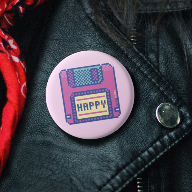 Happy Pink Blue Pixel Art 90s Floppy Disc 3 Cm Round Badge (Happy Pink Blue Pixel Art 90s Floppy Disk Button)
