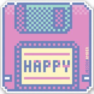 Happy Pink Blue Pixel Art 90s Floppy Disc Sticker