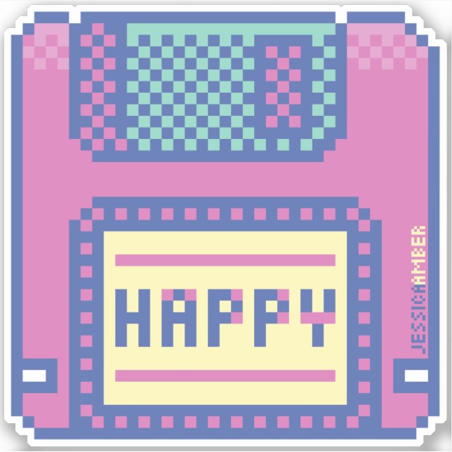 Happy Pink Blue Pixel Art 90s Floppy Disc Sticker (Front)