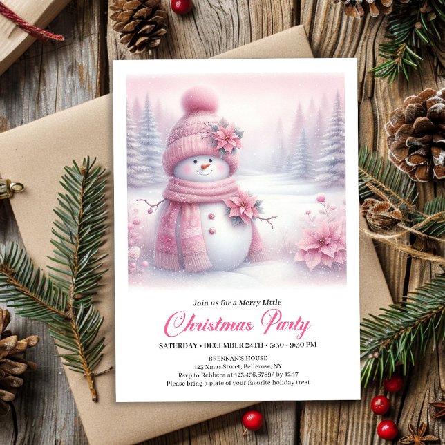 Happy Pink Coquette Snowman Editable Christmas  Invitation (Happy Pink Coquette Snowman Editable Christmas Invite File)