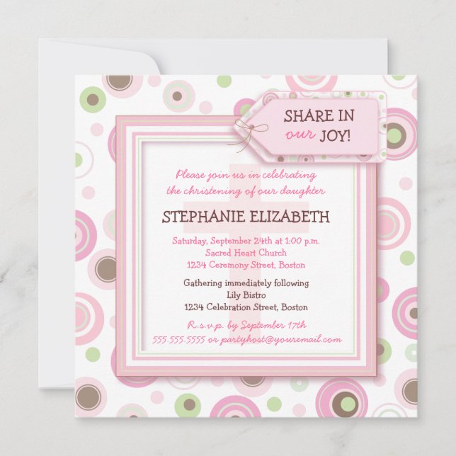 Happy Pink Dots Baby Girl Christening Invitation (Front)