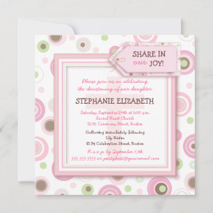 Happy Pink Dots Baby Girl Christening Invitation
