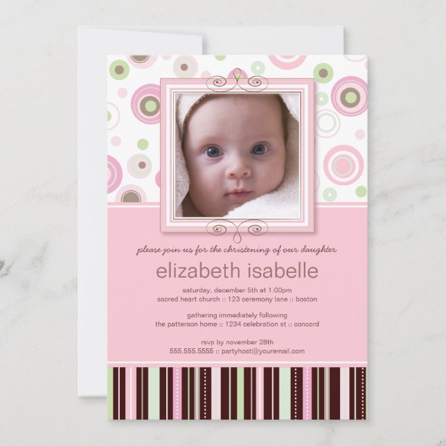 Happy Pink Dots Baby Photo Christening Invitation (Front)