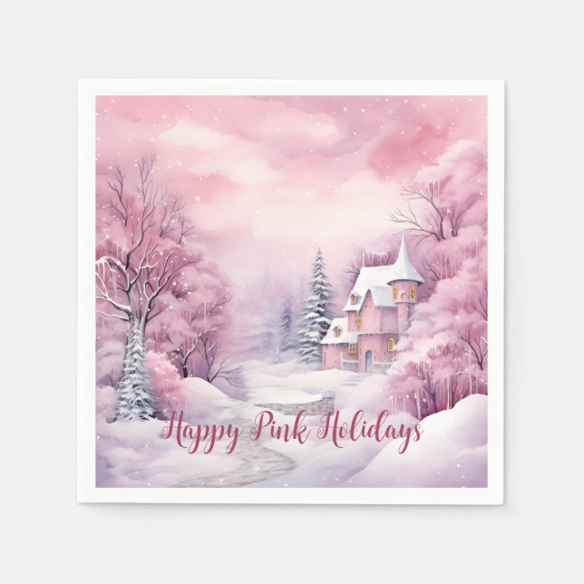 Happy Pink Holidays Christmas Snow Scene Napkin (Front)