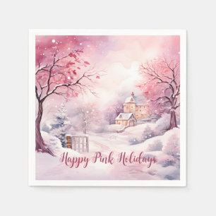 Happy Pink Holidays Christmas Snow Scene Napkin
