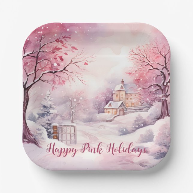 Happy Pink Holidays Christmas Snow Scene Paper Plate (Front)