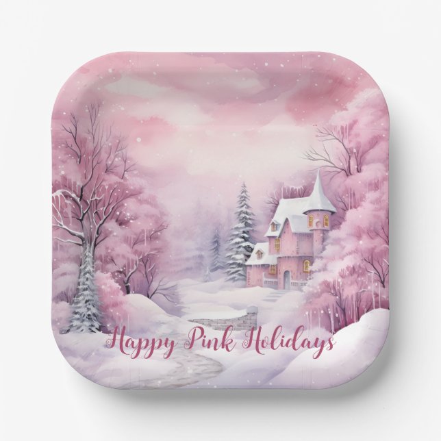 Happy Pink Holidays Christmas Snow Scene Paper Plate (Front)