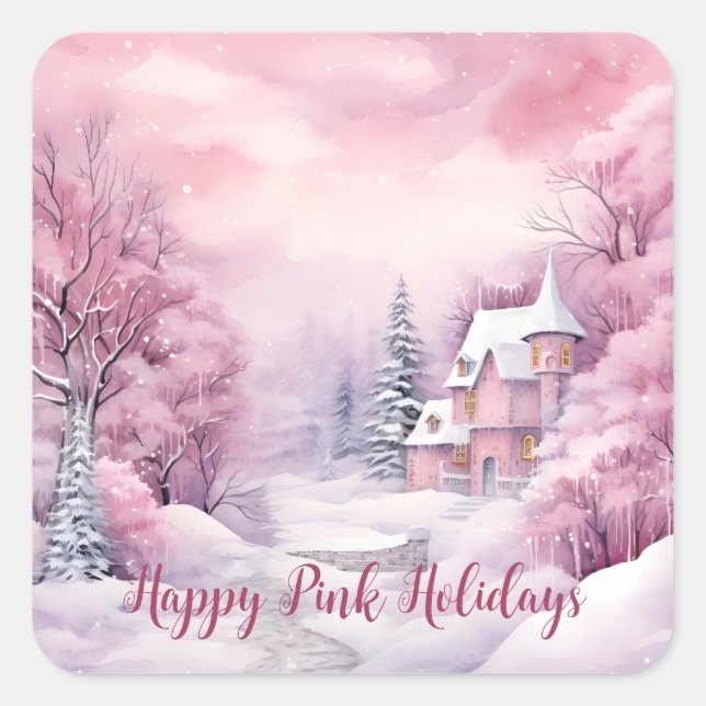 Happy Pink Holidays Christmas Snow Scene Square Sticker (Front)