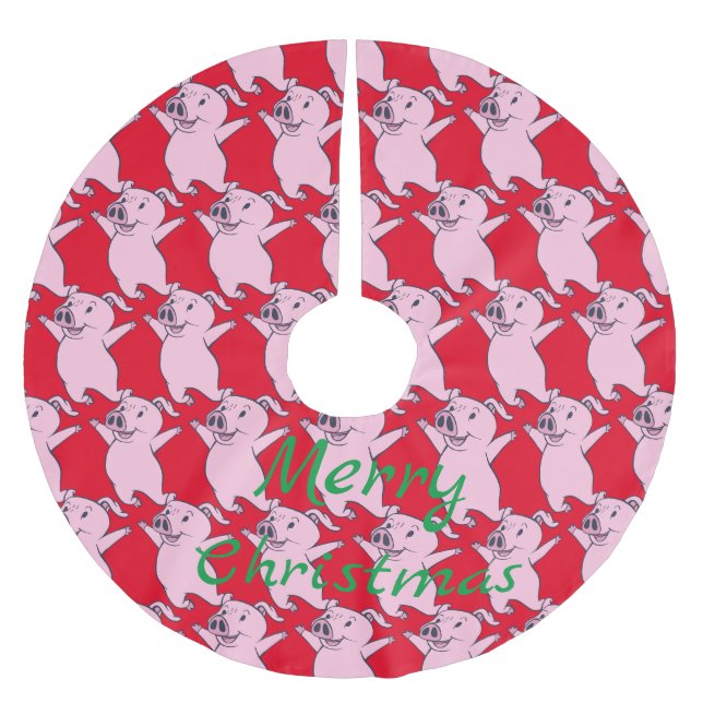 Happy Pink Pig Jumping Thunder_Cove Brushed Polyester Tree Skirt (Front)