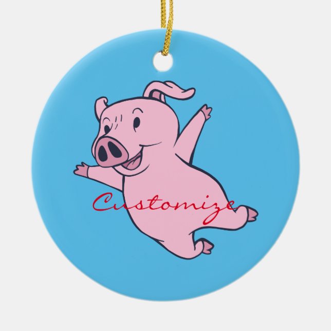 Happy Pink Pig Jumping Thunder_Cove Ceramic Tree Decoration (Front)