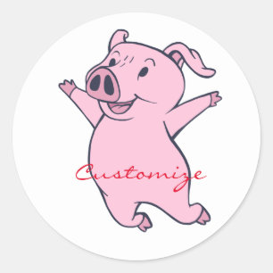 Happy Pink Pig Jumping Thunder_Cove Classic Round Sticker