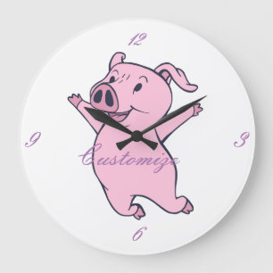 Happy Pink Pig Jumping Thunder_Cove Large Clock