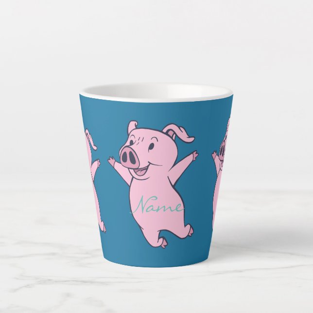 Happy Pink Pig Jumping Thunder_Cove Latte Mug (Front)
