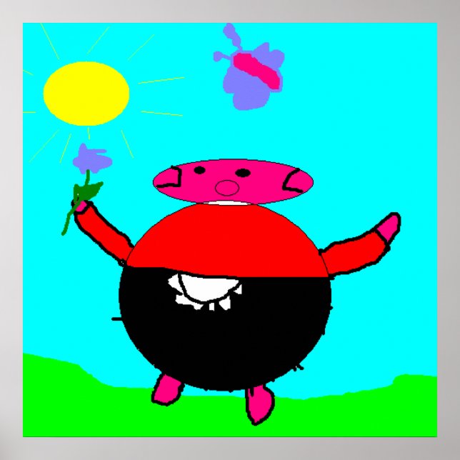 Happy Pink Pig with Sun Flower & Butterfly KidsArt Poster (Front)