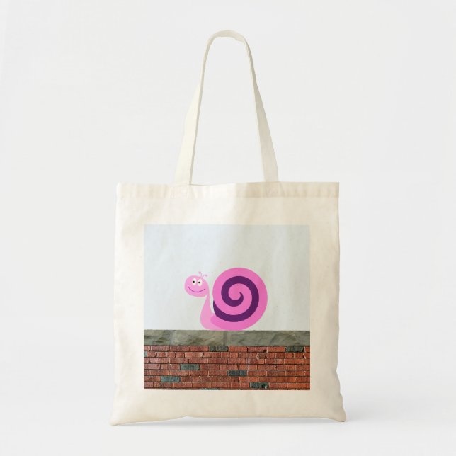 Happy Pink & Purple Snail Character on a Wall Tote Bag (Front)