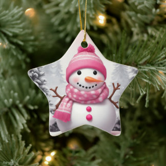 Happy Pink Scarf Xmas Snowman Ceramic Tree Decoration