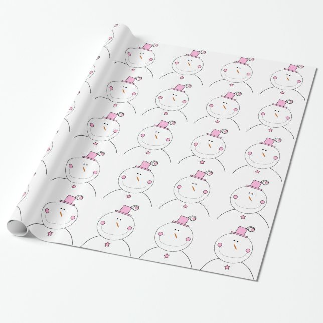 Happy Pink Snowman Wrapping Paper (Unrolled)