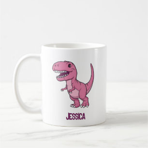 Happy Pink T-Rex Dino With Kids Name Coffee Mug