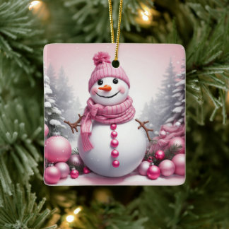 Happy Pink Theme Xmas Snowman Ceramic Ornament