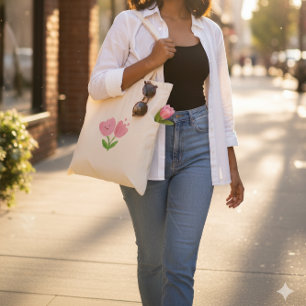 Happy Pink Tulip Heart Face Cute Flower Tote Bag