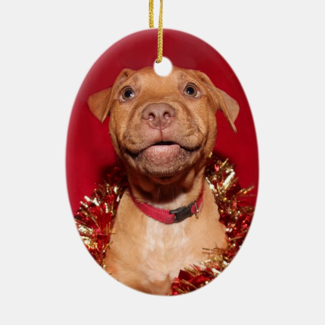 Happy pitbull puppy Christmas Ceramic Tree Decoration (Back)