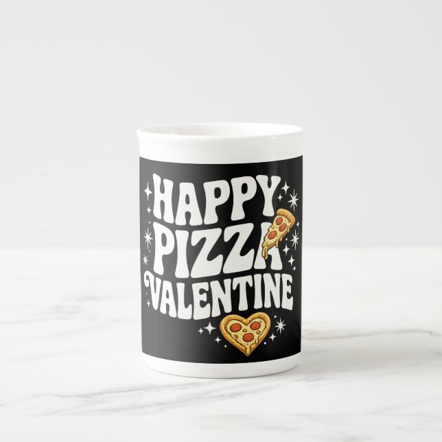 Happy Pizza Valentine Funny Pizza Love Design Bone China Mug (Front)