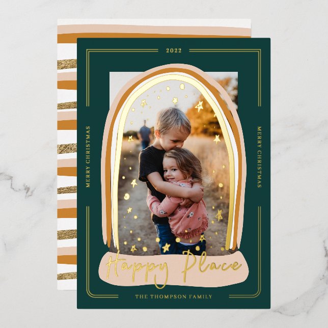 Happy Place Modern Snow Globe Christmas Photo Foil Holiday Card (Front/Back)