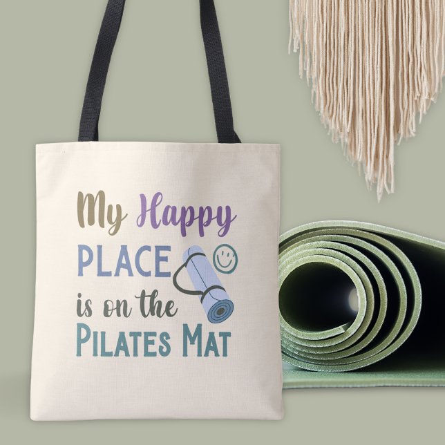 Happy Place Pilates Mat Quote Pastel Yoga Fitness Tote Bag (My Happy Place is on the Pilates Mat Quote Yoga Fitness Tote Bag)