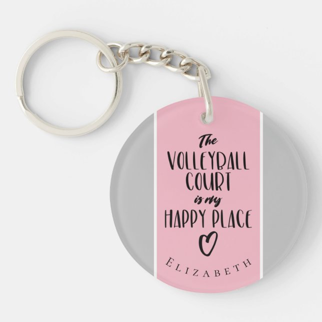 happy place pink grey custom girl's volleyball key ring (Front)