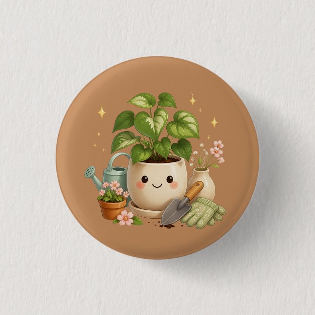 Happy Plant Pot with Flowers & Garden Tools 3 Cm Round Badge (Front)