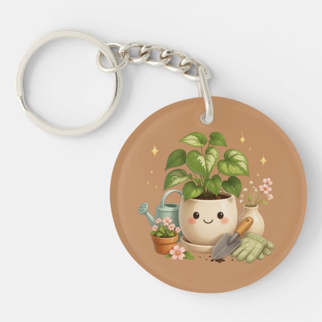 Happy Plant Pot with Flowers & Garden Tools Key Ring (Front)