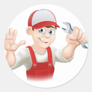 Happy plumber or mechanic with spanner classic round sticker