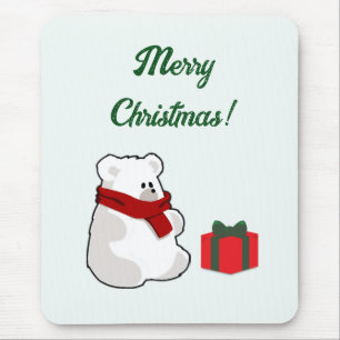 Happy Polar Bear in Red Scarf, Christmas Cartoon Mouse Mat