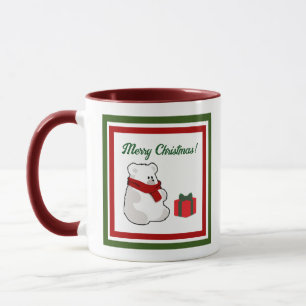 Happy Polar Bear in Red Scarf, Christmas Cartoon Mug