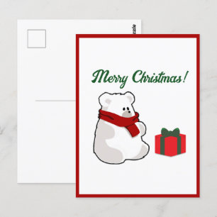 Happy Polar Bear in Red Scarf, Christmas Cartoon Postcard